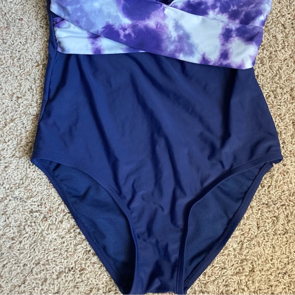Blue Tie Dye High Neck Wrap One Piece Swimsuit - Picture 5 of 8